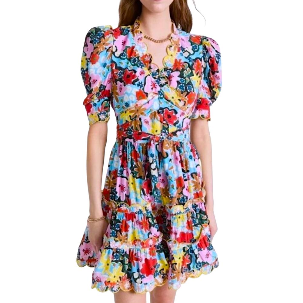 CeliaB‎ Aila Floral Wrap Ruffled Tiered Scalloped Puff Sleeve Mini Dress Medium